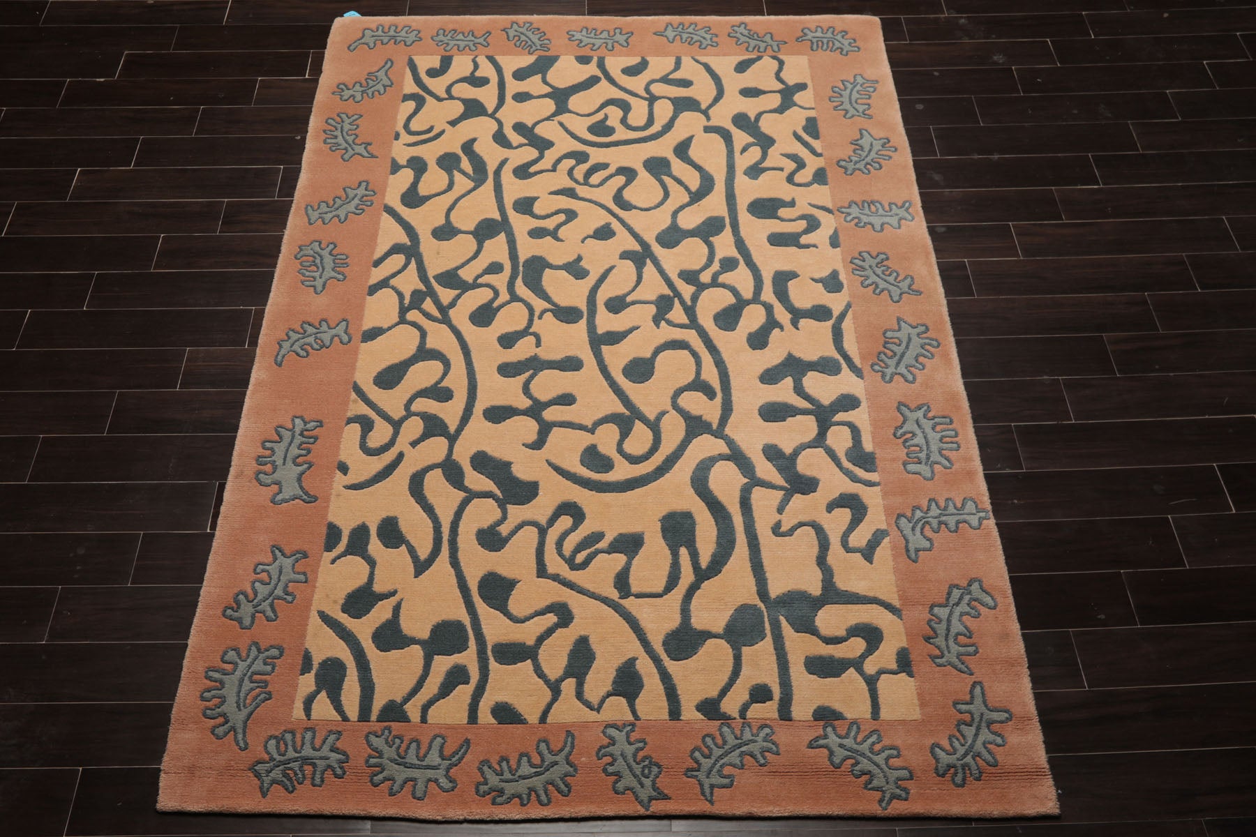 6x9 Beige, Muted Peach, Teal Color Hand Knotted Tibetan Wool Contemporary Oriental Rug