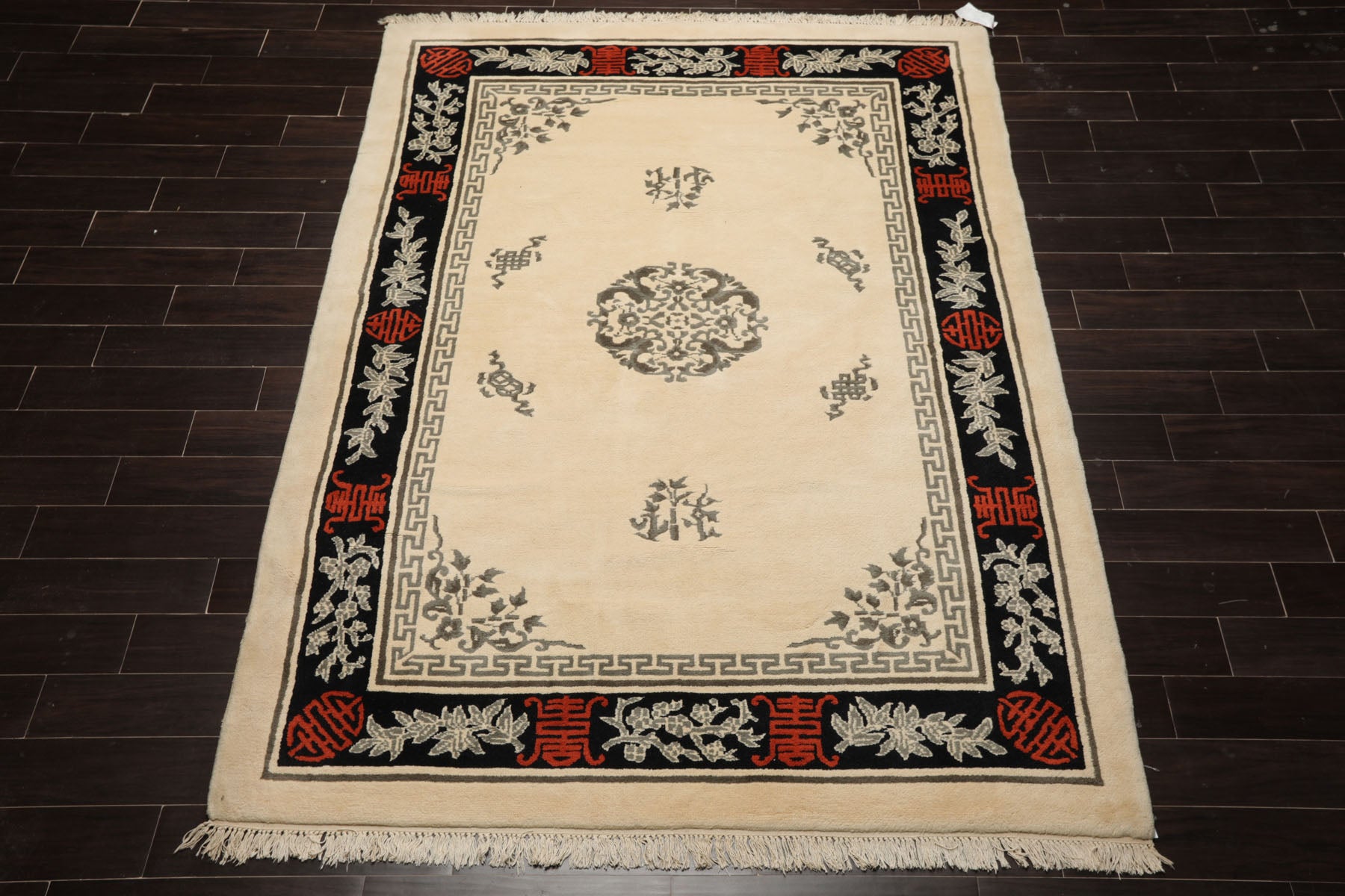 6x9 Ivory, Black, Orange Color Hand Knotted Chinese Art Deco New Zealand Wool Traditional Oriental Rug