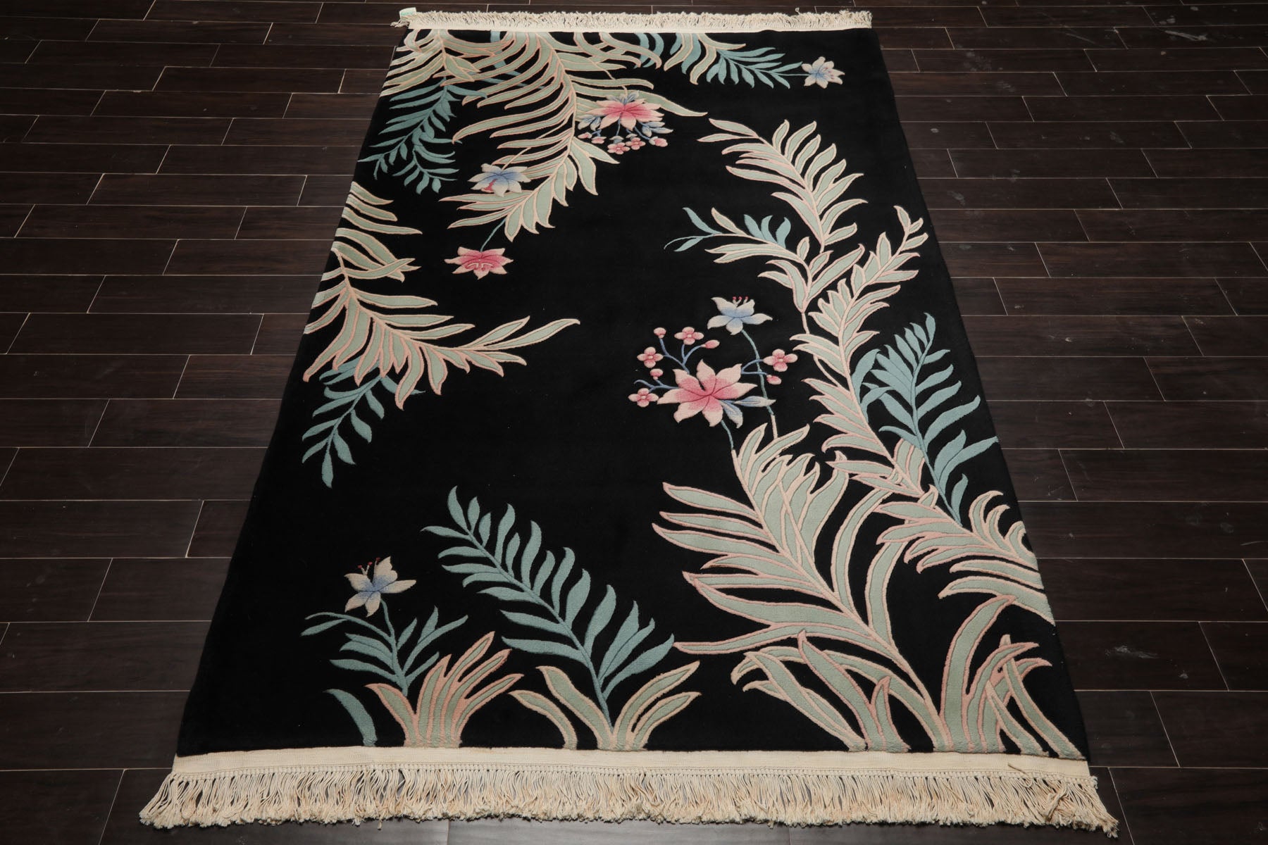 5x8 Black, Aqua, Mint Color Hand Knotted French Aubusson Savonnerie Wool Traditional Oriental Rug