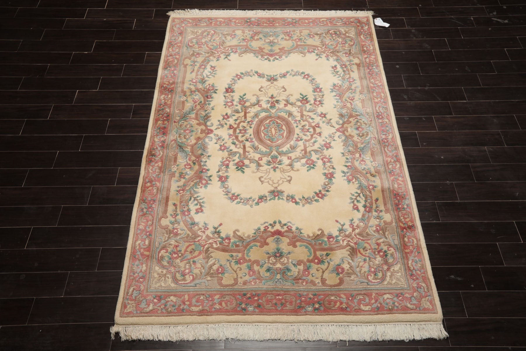 6x9 Ivory, Blush, Brown Color Hand Knotted French Aubusson Savonnerie New Zealand Wool Traditional Oriental Rug