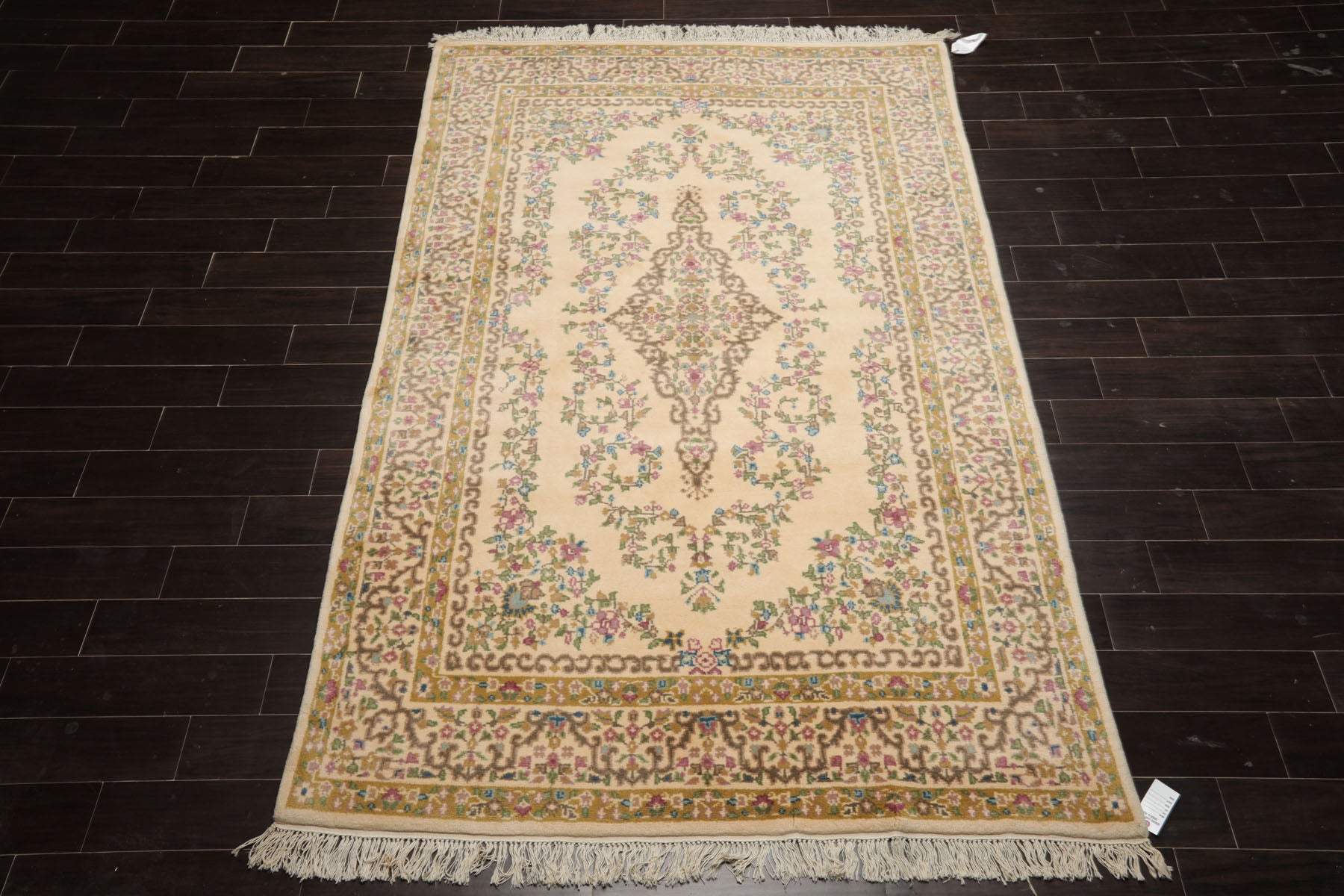6x9 Ivory, Mustard, Green Color Hand Knotted Kerman New Zealand Wool Traditional Oriental Rug