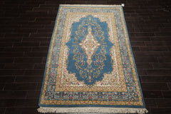 6x9 Blue, Ivory, Gold Color Hand Knotted Kerman New Zealand Wool Traditional Oriental Rug