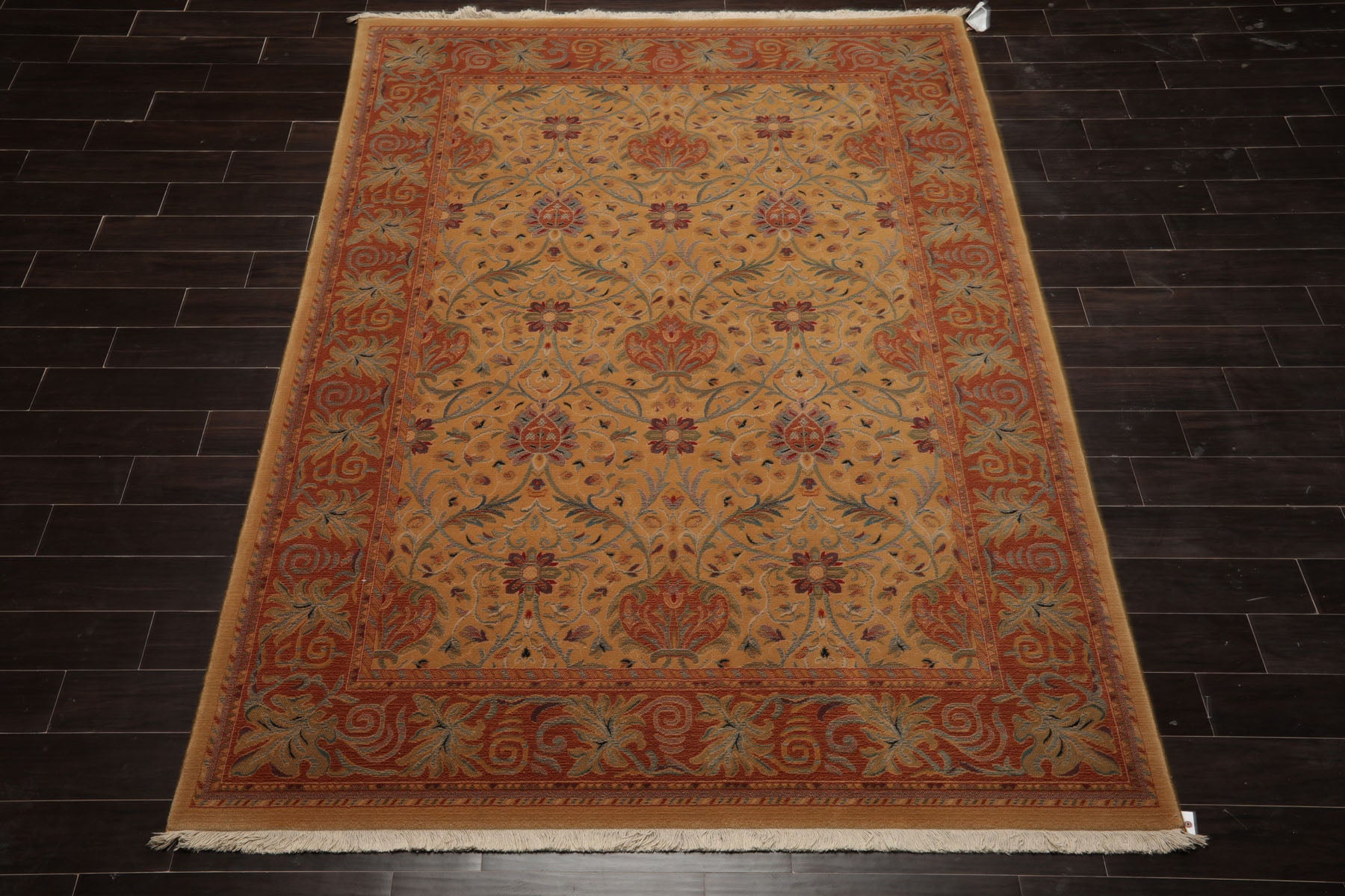 6x9 Gold, Burnt Orange, Green Color Machine Made French Aubusson Savonnerie New Zealand Wool Transitional Oriental Rug