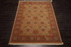 6x9 Gold, Burnt Orange, Green Color Machine Made French Aubusson Savonnerie New Zealand Wool Transitional Oriental Rug