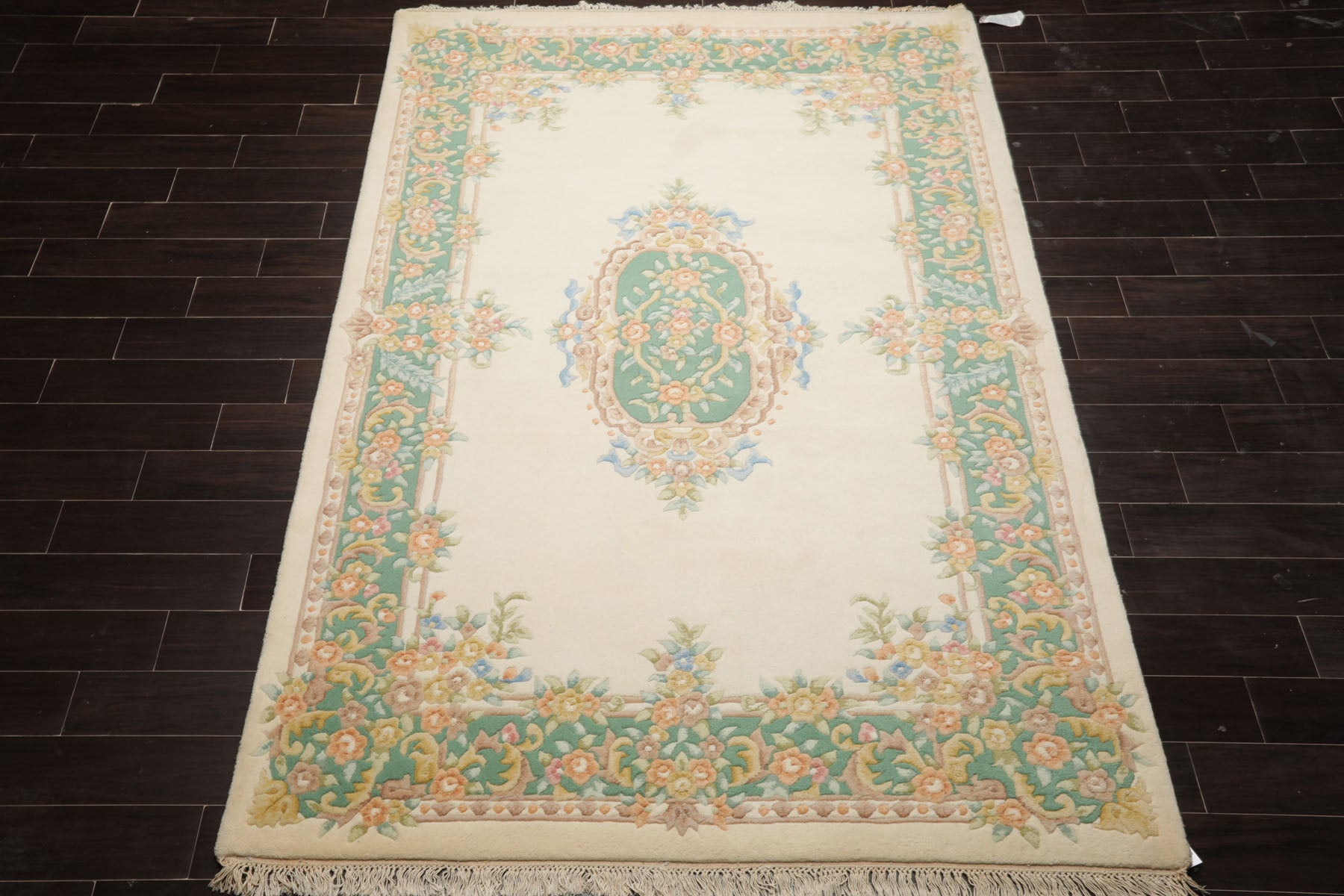 6x9 Ivory, Aqua, Peach Color Hand Knotted Aubusson Savonnerie Wool Traditional Oriental Rug