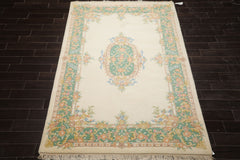 6x9 Ivory, Aqua, Peach Color Hand Knotted Aubusson Savonnerie Wool Traditional Oriental Rug