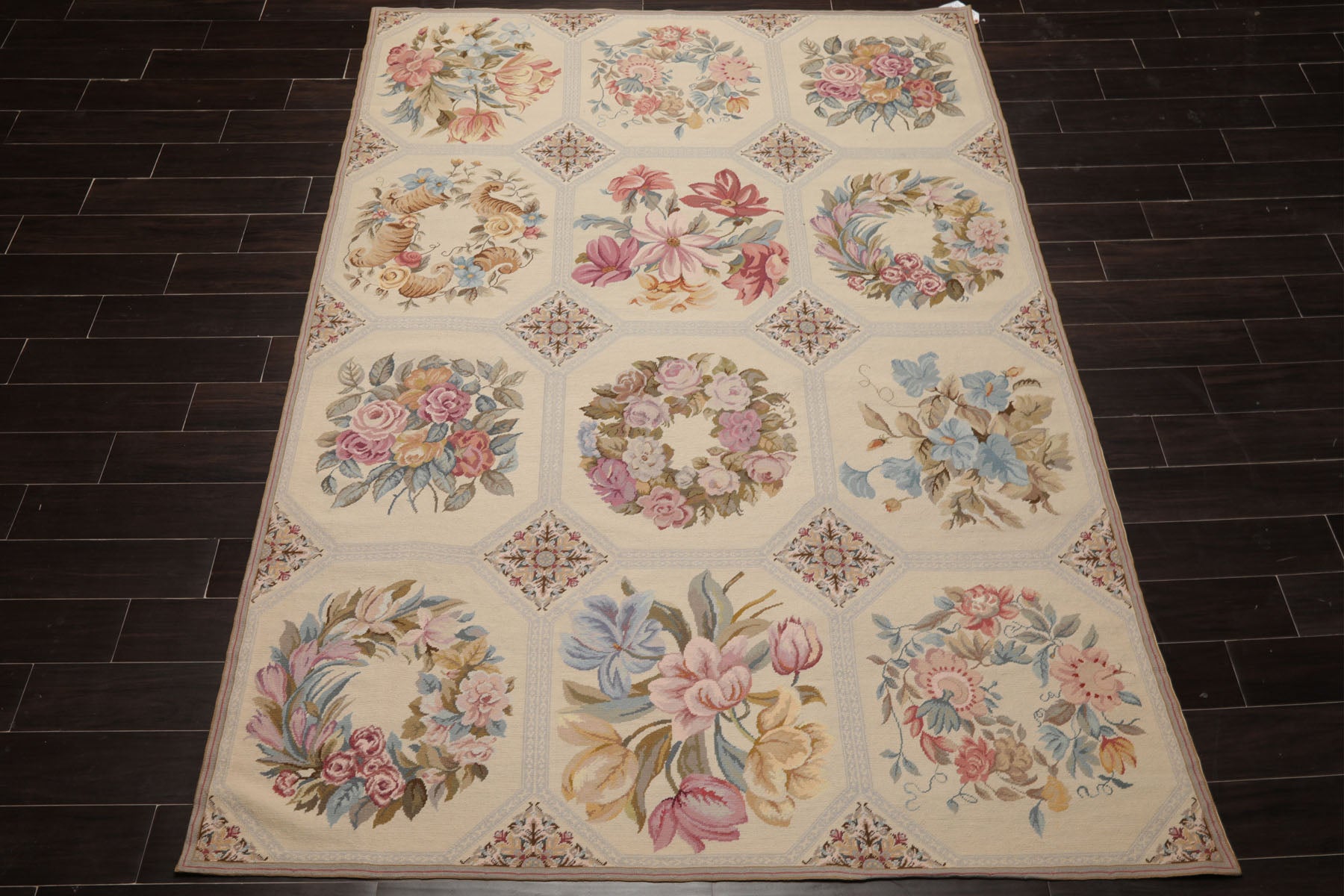 6x9 Ivory, Rose, Blue Color Hand Woven French Needlepoint Wool Traditional Oriental Rug