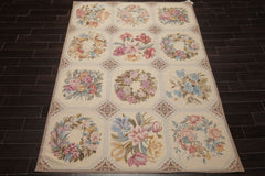 6x9 Ivory, Rose, Blue Color Hand Woven French Needlepoint Wool Traditional Oriental Rug