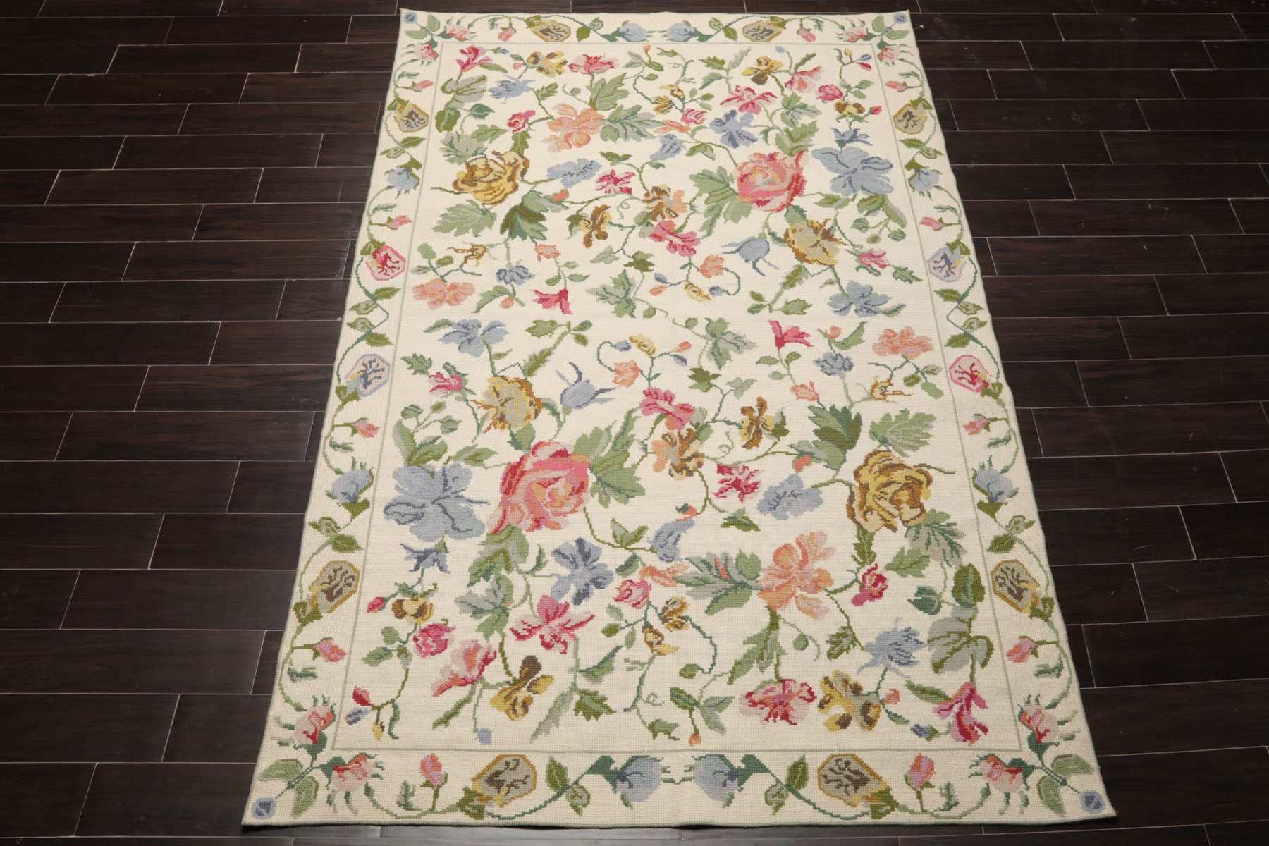 6x9 Ivory, Green, Pink Color Hand Woven Caucasian Needlepoint Wool Traditional Oriental Rug