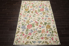 6x9 Ivory, Green, Pink Color Hand Woven Caucasian Needlepoint Wool Traditional Oriental Rug