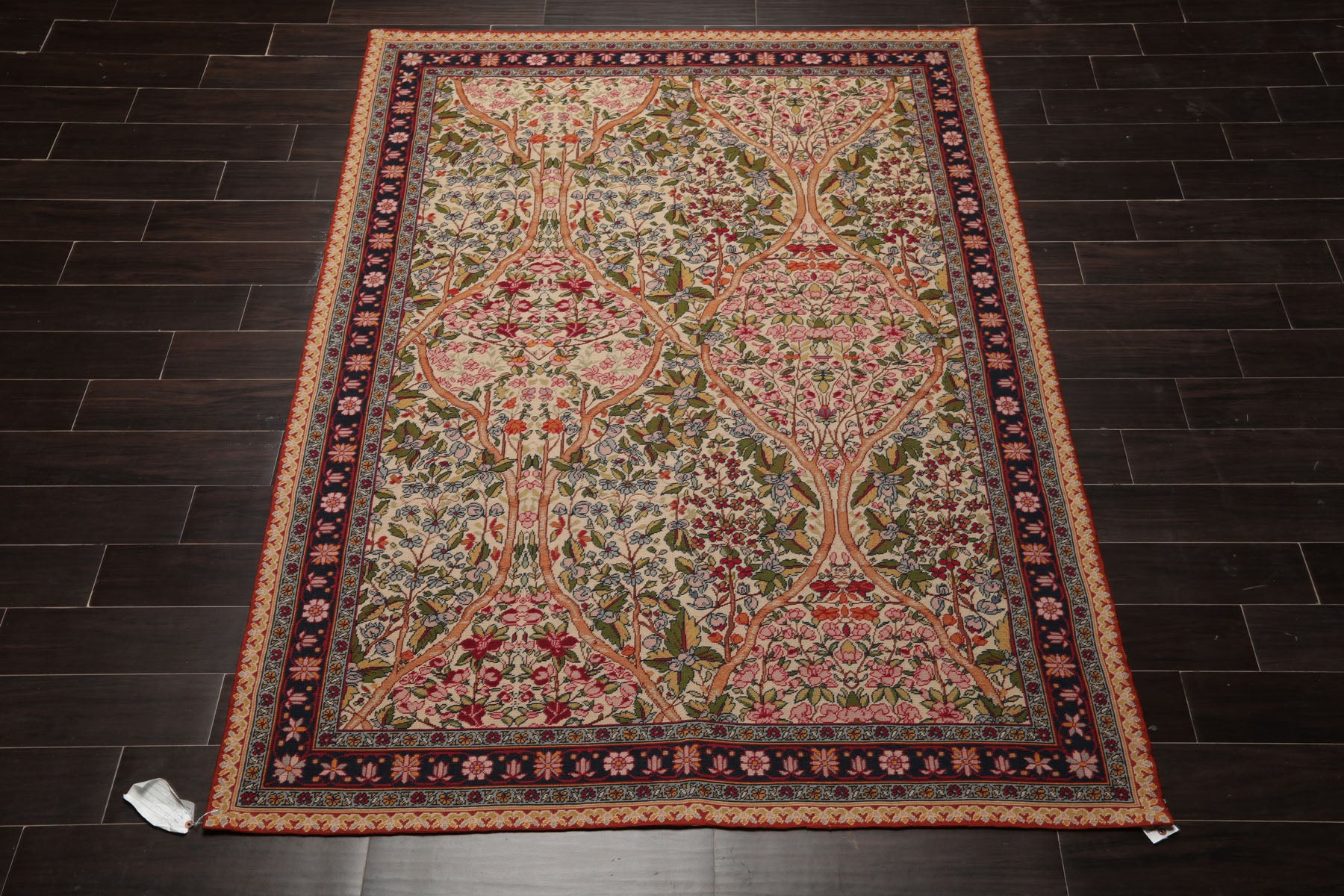 5x8 Ivory, Black, Rose Color Hand Woven French Needlepoint Wool Traditional Oriental Rug