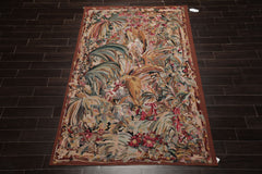6x9 Ivory, Rose, Teal Color Hand Woven French Aubusson Tapestry Wool Traditional Oriental Rug