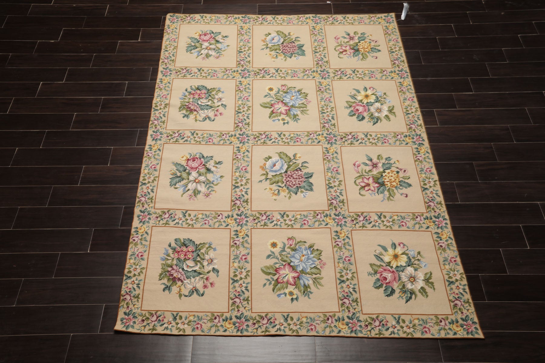 6x9 Khaki, Green, Blue Color Hand Woven French Needlepoint Wool Traditional Oriental Rug