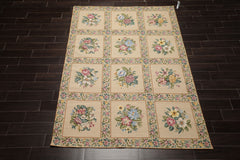 6x9 Khaki, Green, Blue Color Hand Woven French Needlepoint Wool Traditional Oriental Rug