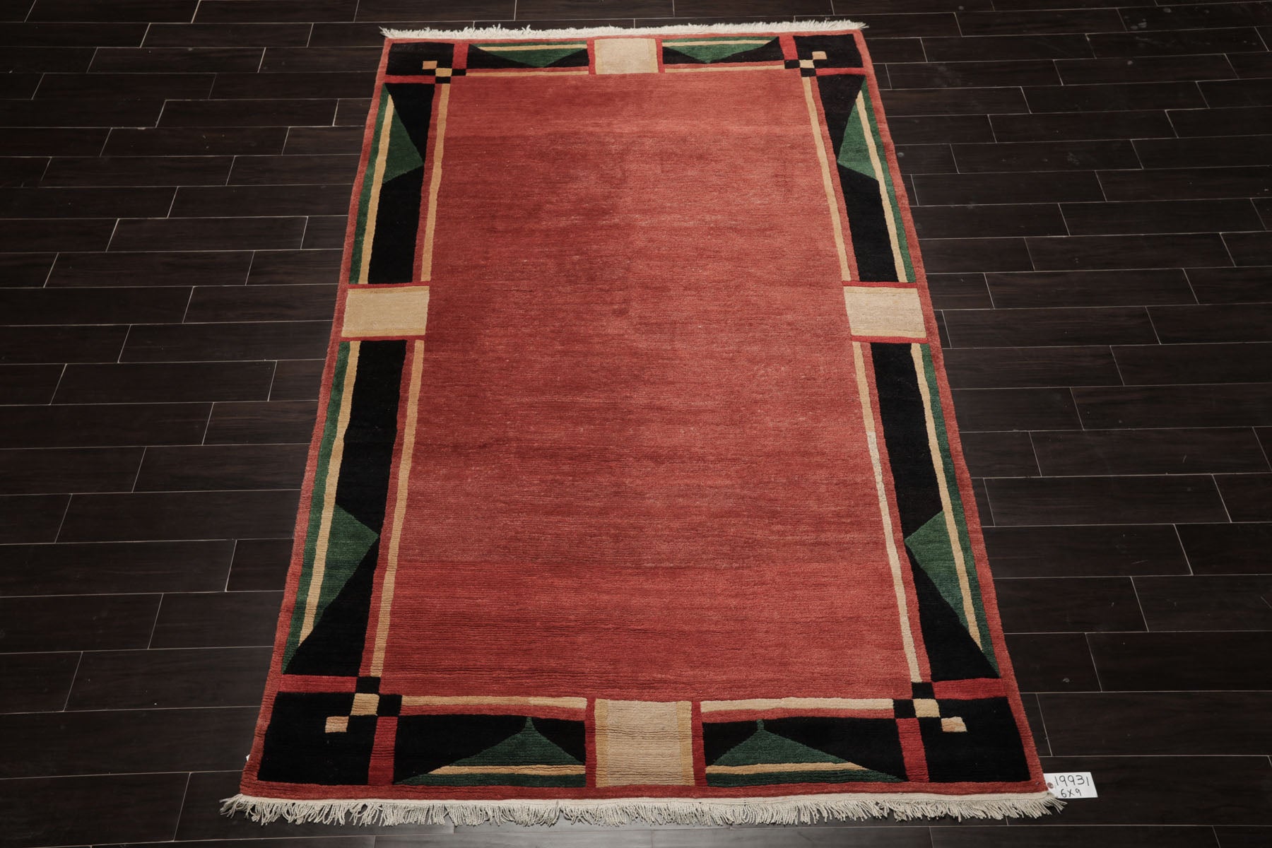 6x9 Rust, Black, Green Color Hand Knotted Tibetan New Zealand Wool Art Deco Oriental Rug