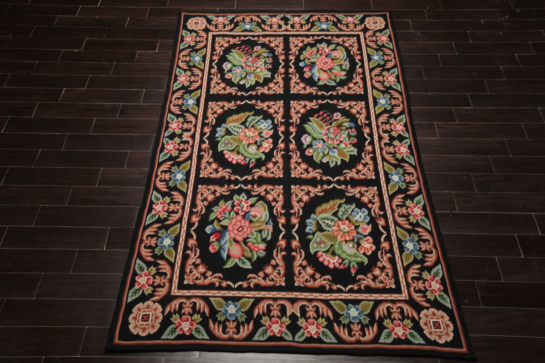 6x9 Black, Rust, Green Color Hand Woven Needlepoint Wool Traditional Oriental Rug