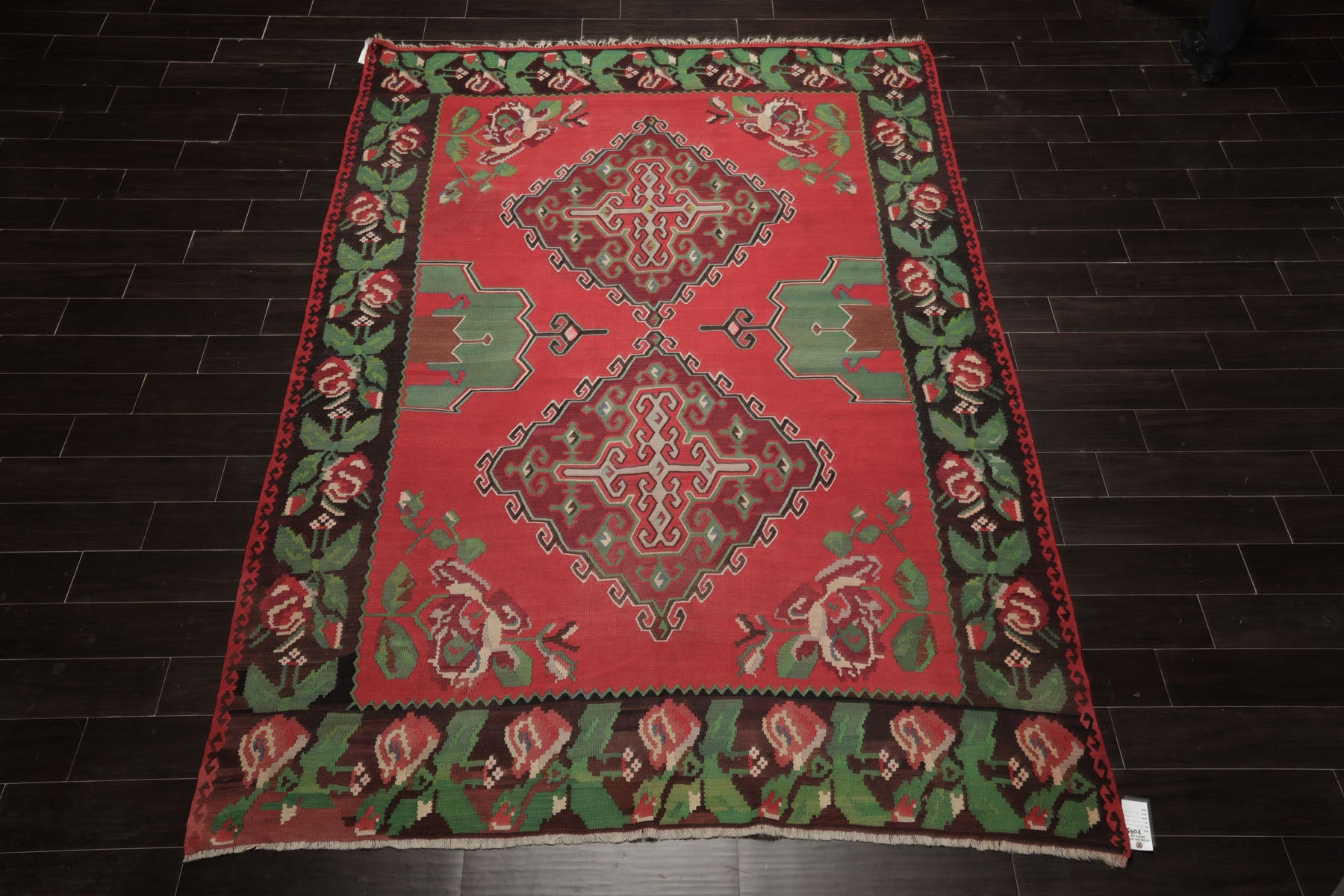 7x9 Crimson, Brown, Green Color Hand Woven Kilim Wool Arts & Crafts Oriental Rug