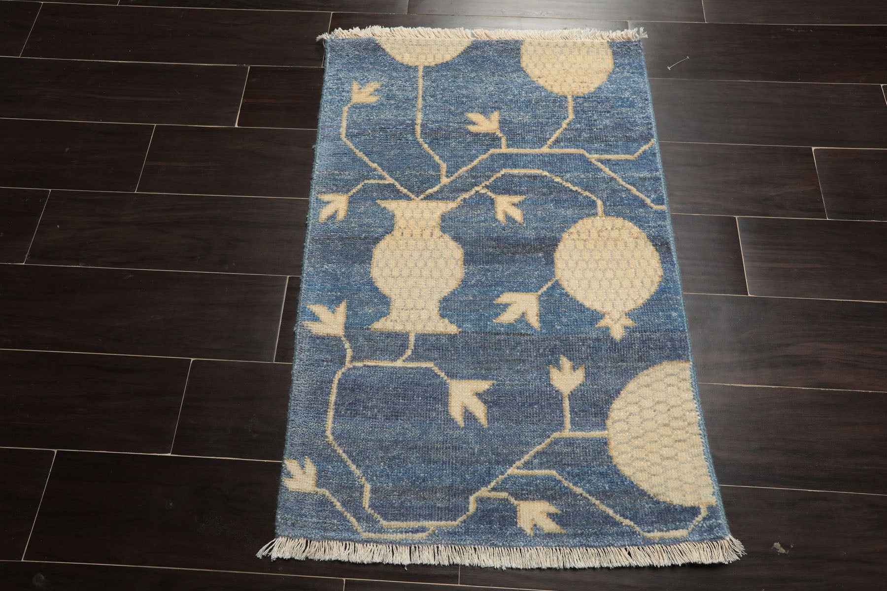 2x3 Blue, Beige, Ivory Color Hand Knotted Afghan Oushak Wool Transitional Oriental Rug