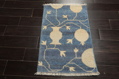 2x3 Blue, Beige, Ivory Color Hand Knotted Afghan Oushak Wool Transitional Oriental Rug