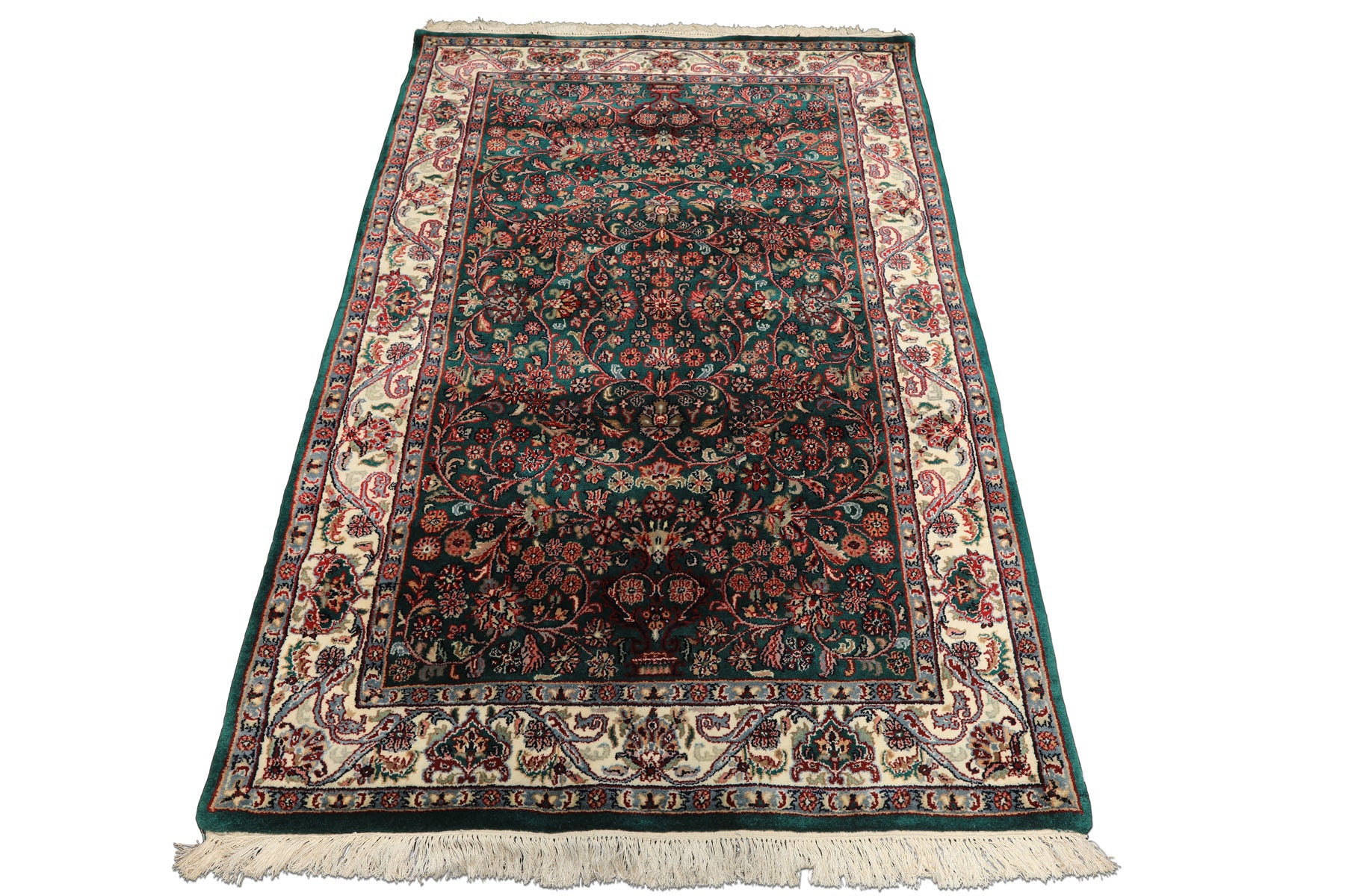 4x6 Emerald, Ivory, Red Color Hand Knotted Kashan Wool Traditional Oriental Rug