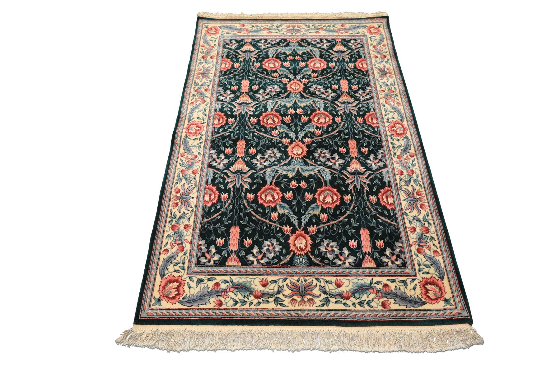 4x6 Emerald, Ivory, Rose Color Hand Knotted French Aubusson Savonnerie Wool Traditional Oriental Rug