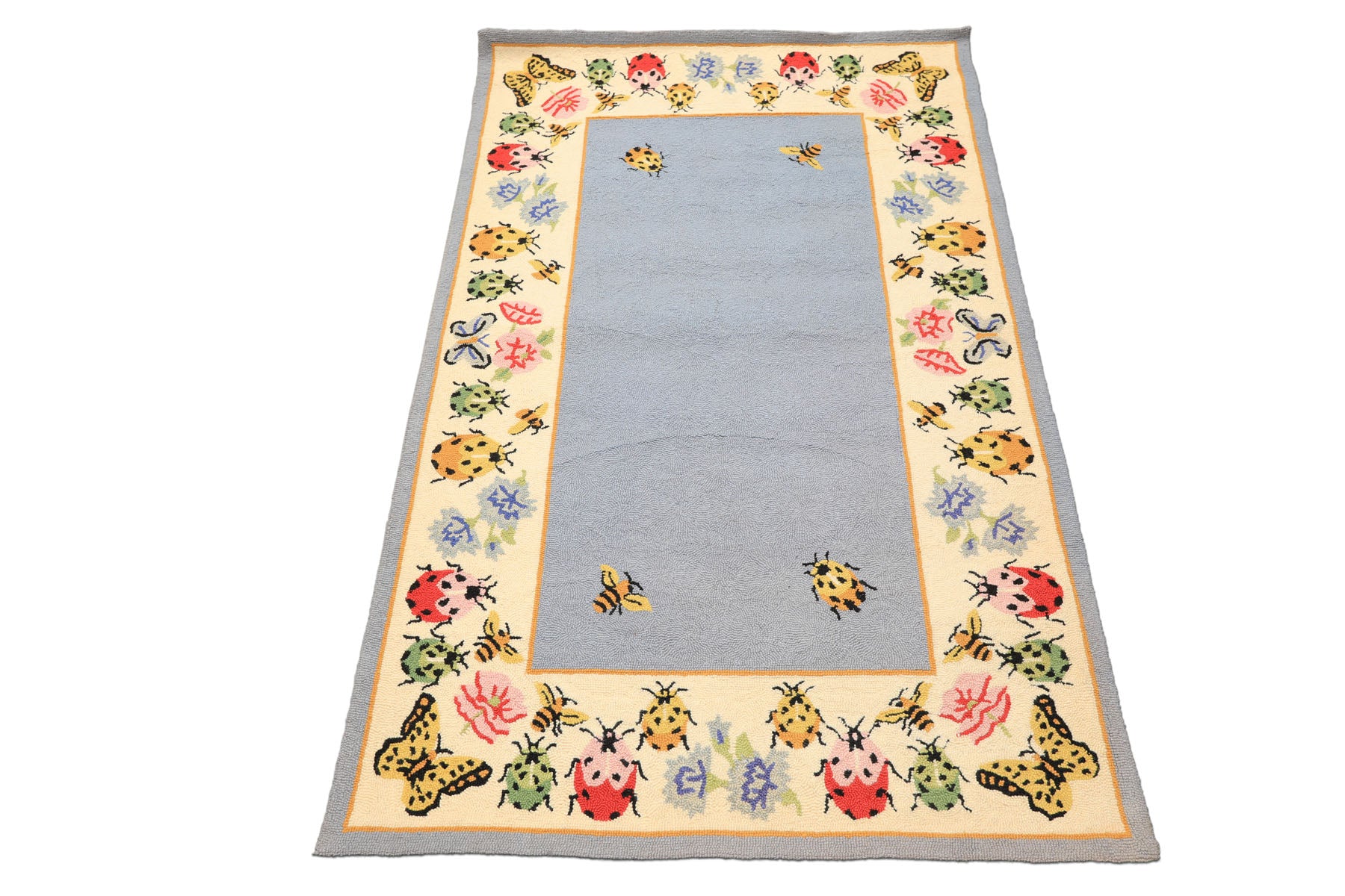 4x6 Blue, Ivory, Pink Color Hand Hooked  Wool Transitional Oriental Rug