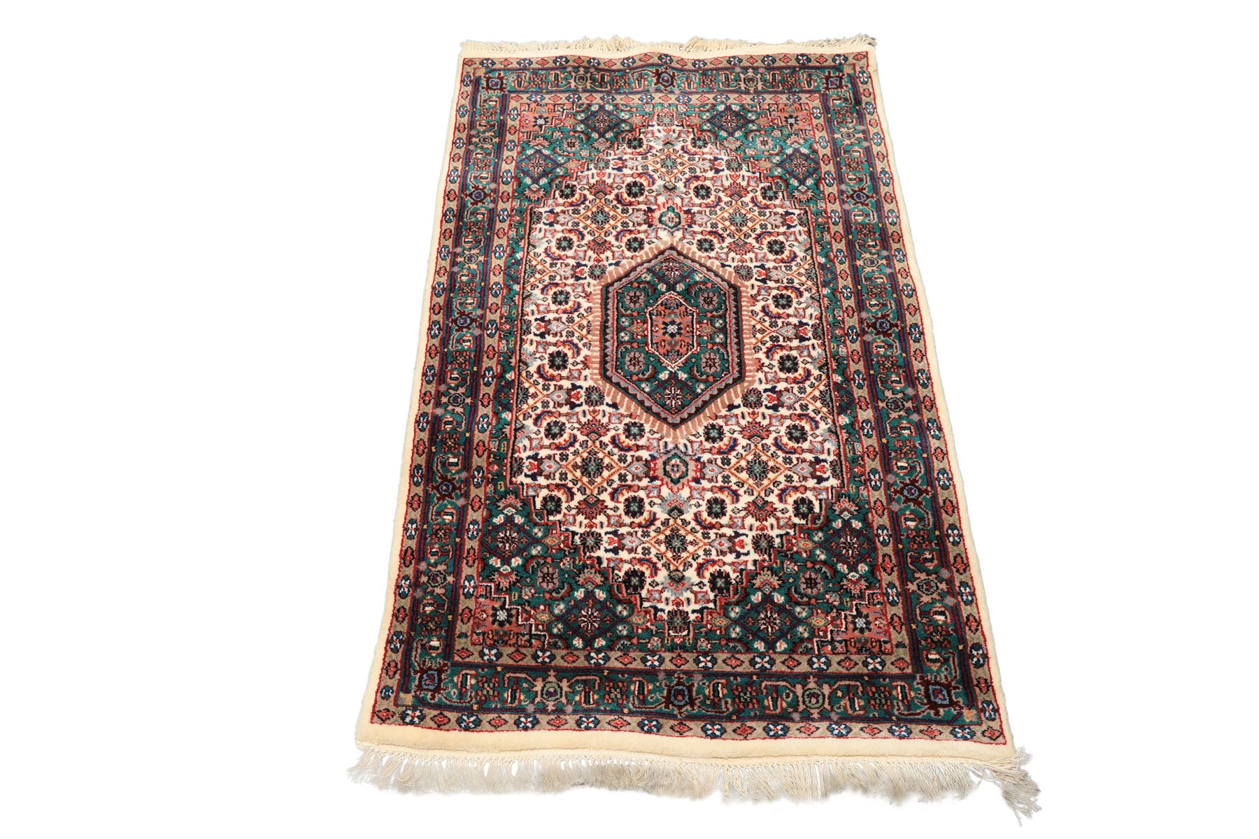 3x5 Ivory, Turquoise, Red Color Hand Knotted Indo Bidjar Wool Traditional Oriental Rug