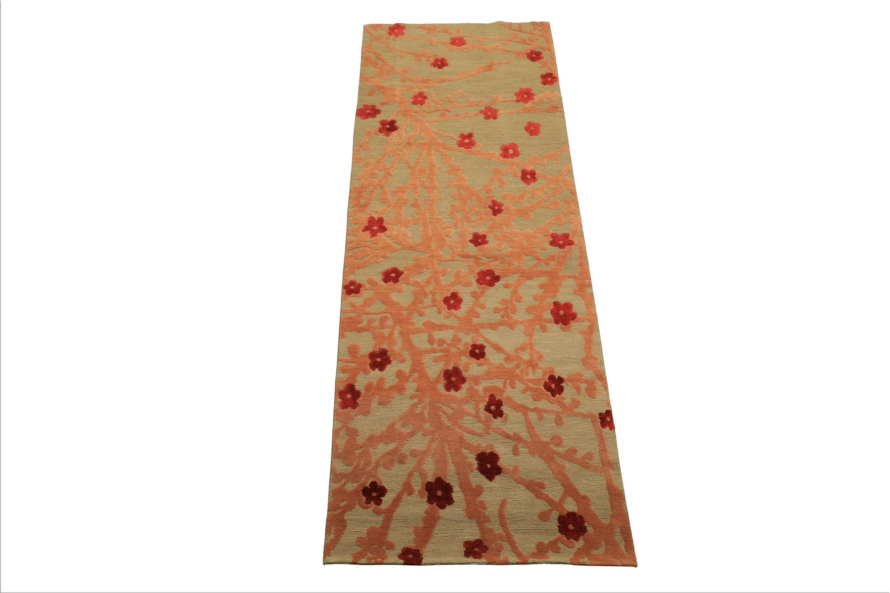 Runner Mint, Peach, Red Color Hand Knotted Tibetan Wool & Silk Transitional Oriental Rug