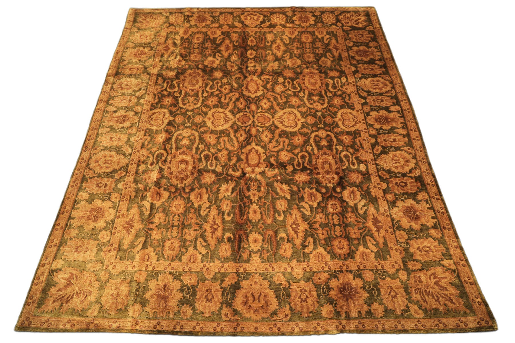9x12 Green, Gold, Tan Color Hand Knotted Agra Wool Traditional Oriental Rug