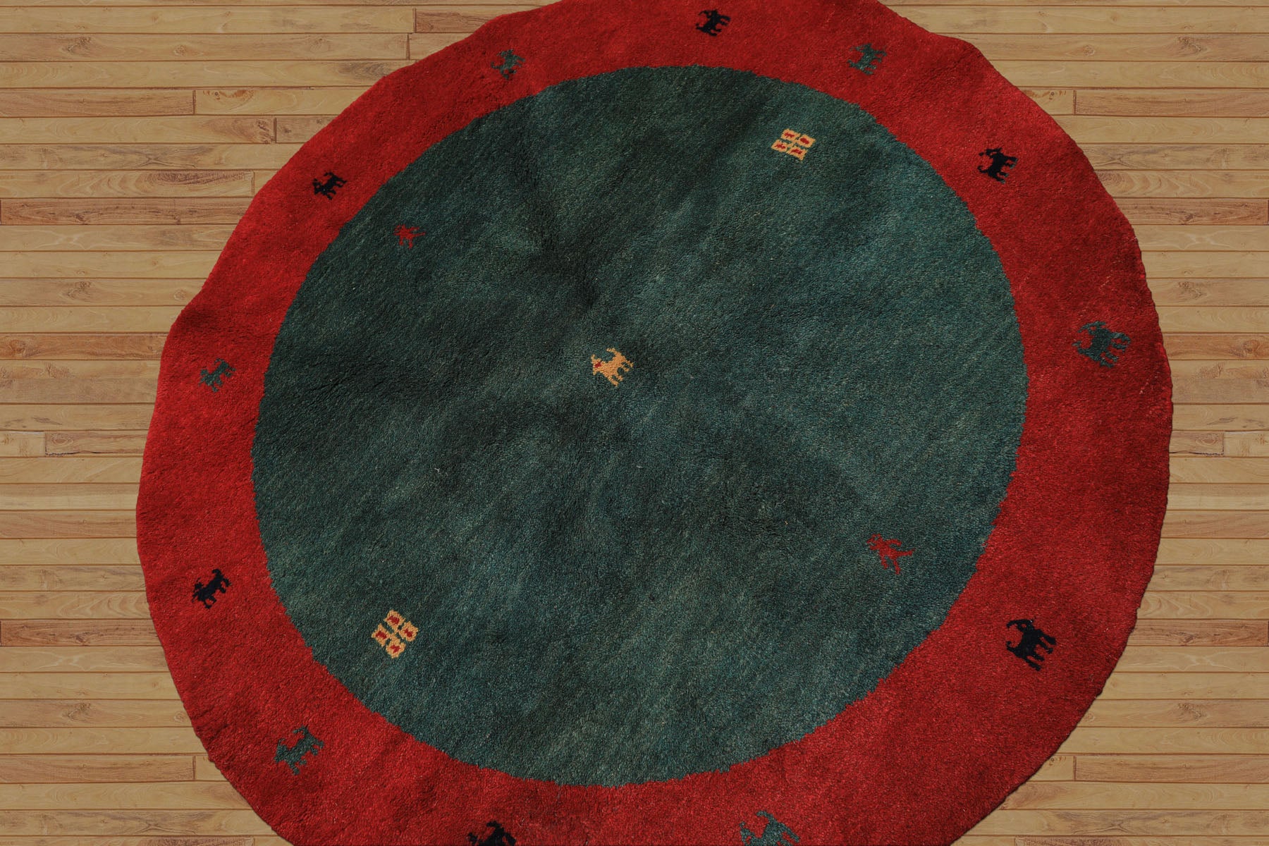Round Green, Red, Gold Color Hand Knotted Gabbeh Wool Modern & Contemporary Oriental Rug