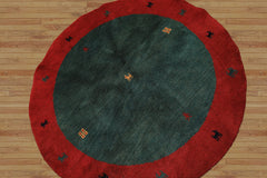 Round Green, Red, Gold Color Hand Knotted Gabbeh Wool Modern & Contemporary Oriental Rug