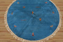 Round Aqua, Gold, Black Color Hand Knotted Gabbeh Wool Modern & Contemporary Oriental Rug
