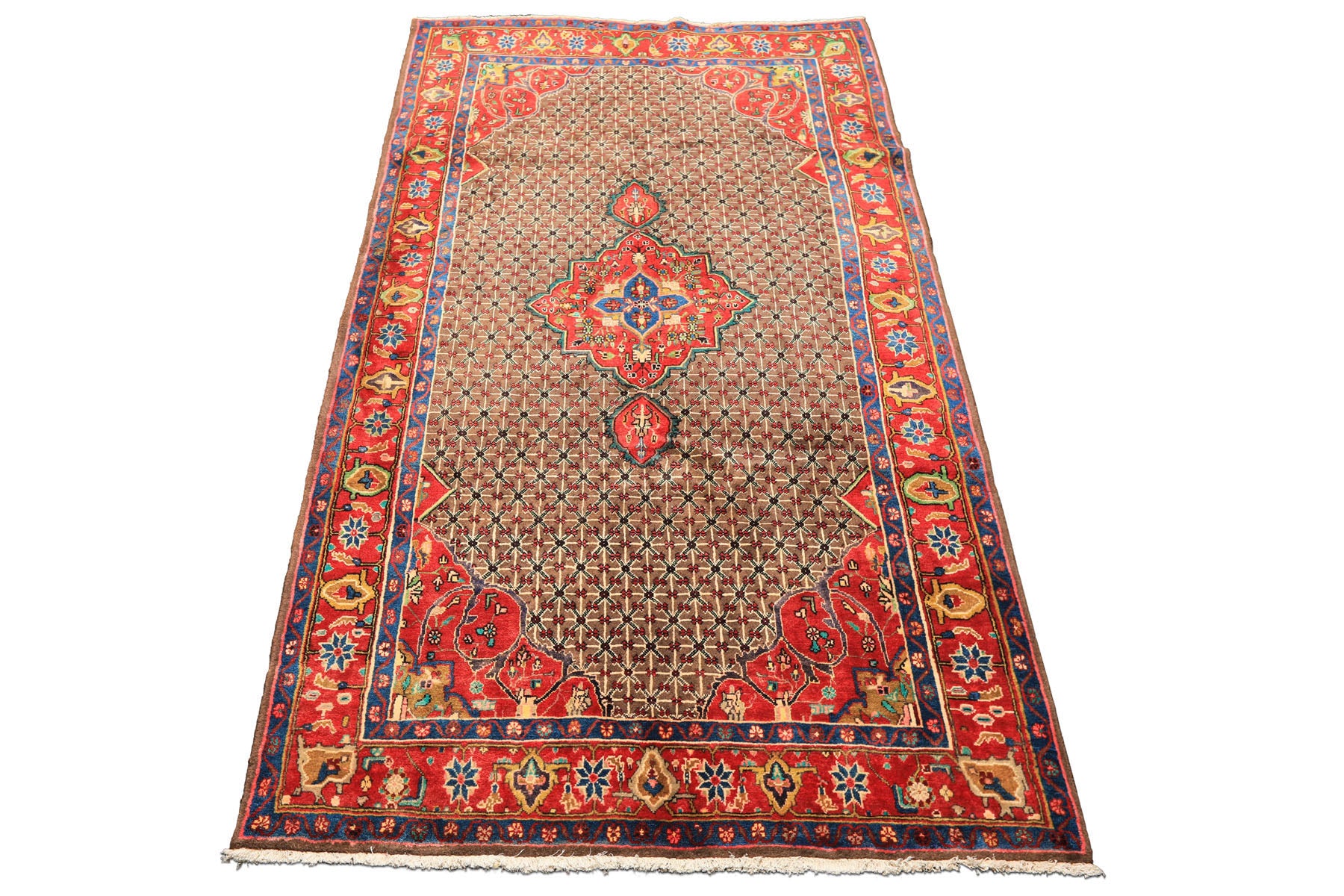 Runner Brown, Coral, Turquoise Color Hand Knotted Hamadan Wool  Oriental Rug