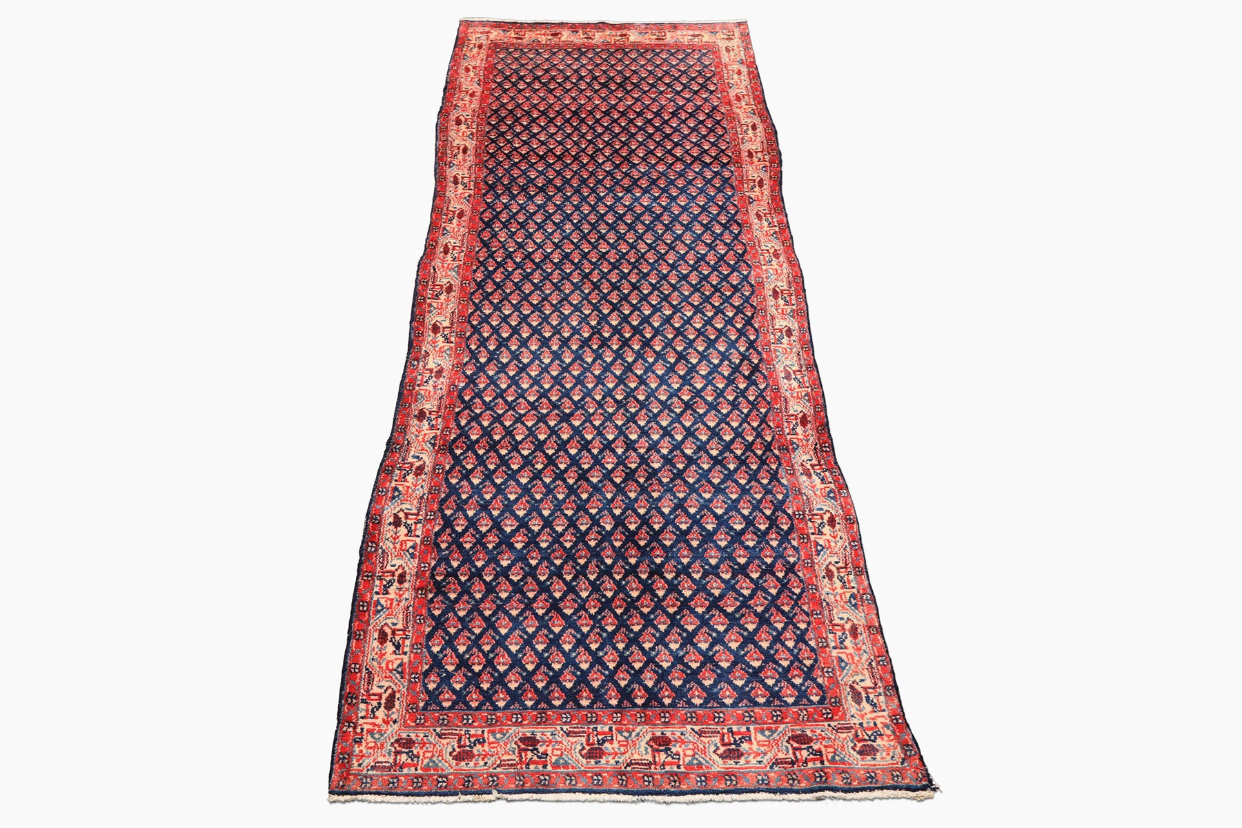 Runner Navy, Ivory, Red Color Hand Knotted Boteh Wool Traditional Oriental Rug