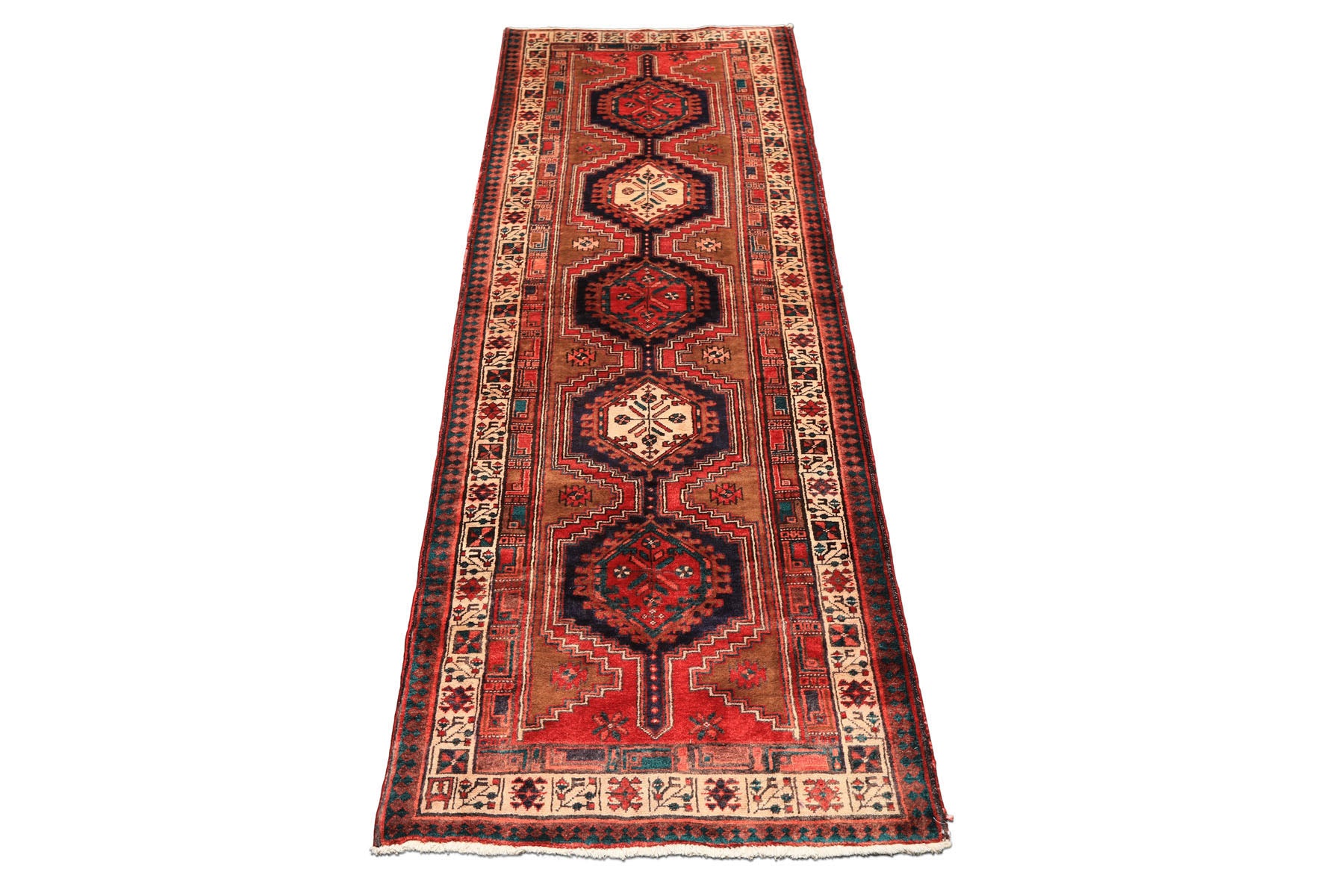 Runner Navy, Brown, Ivory Color Hand Knotted Hamadan Wool Traditional Oriental Rug