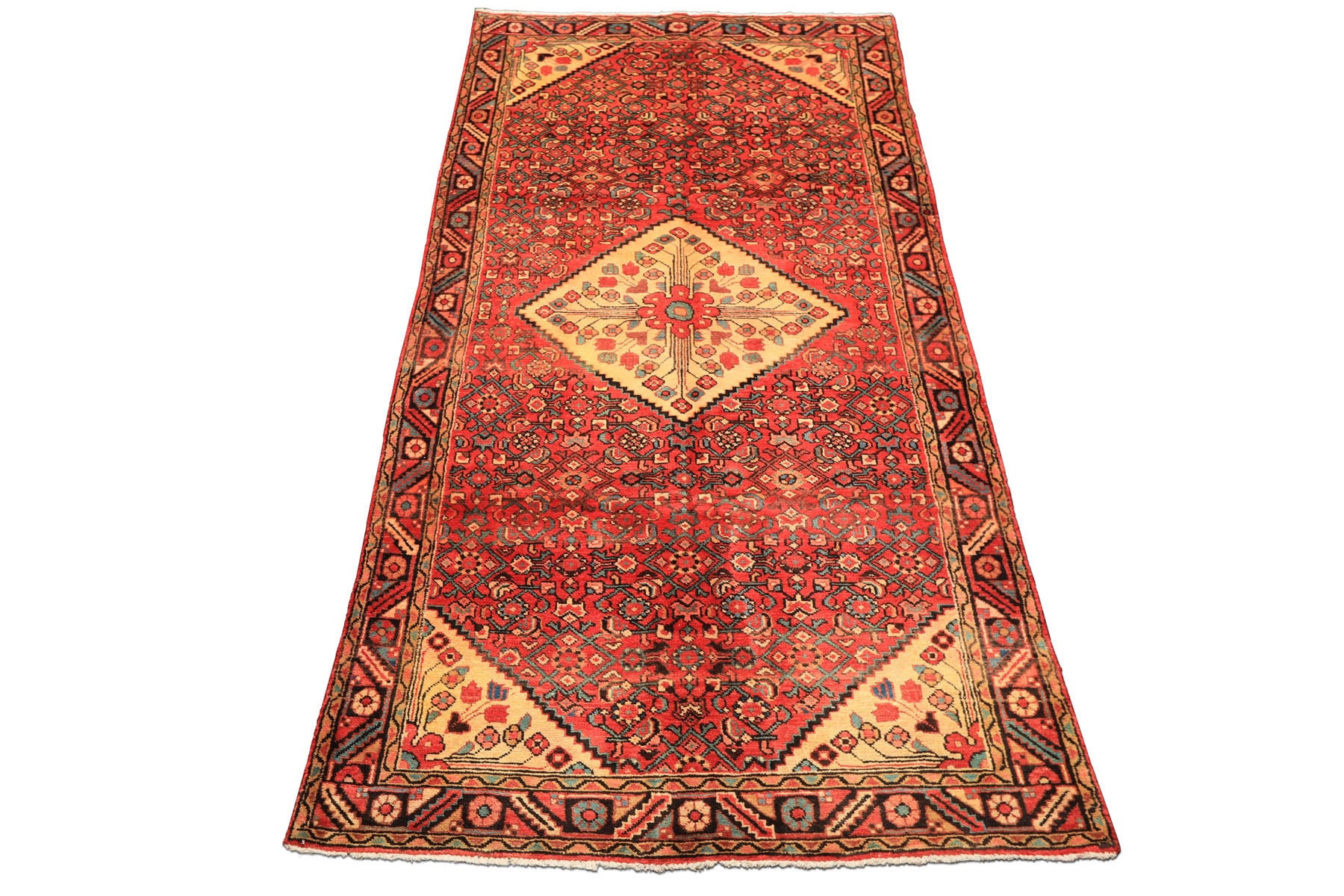 Runner Rust, Coral, Ivory Color Hand Knotted Hamadan Wool Traditional Oriental Rug
