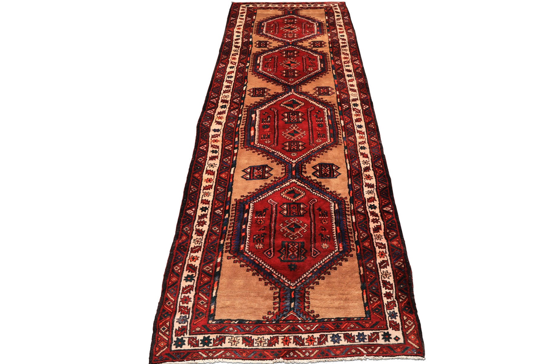 Runner Burgundy, Camel, Ivory Color Hand Knotted Kurdish Bidjar Wool Traditional Oriental Rug