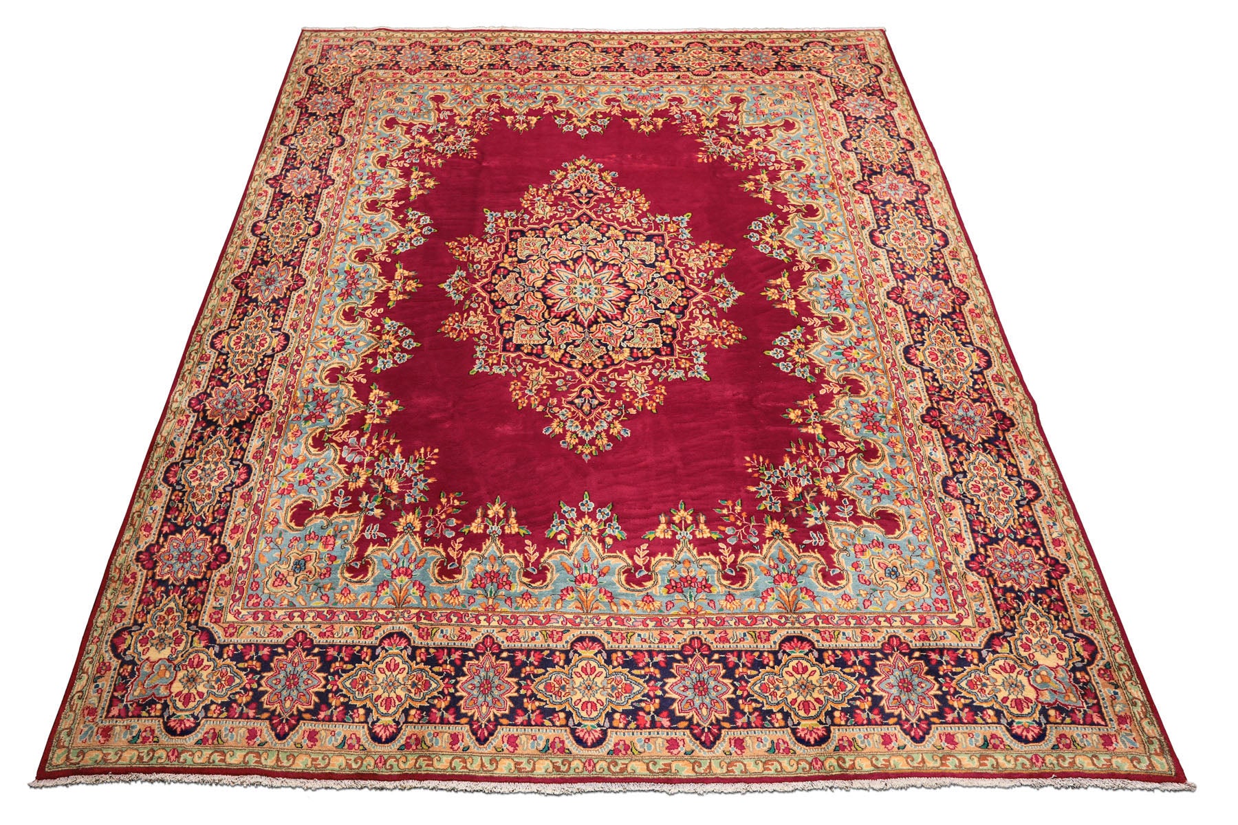 9x12 Fuschia, Aqua, Navy Color Hand Knotted Kerman Wool Traditional Oriental Rug
