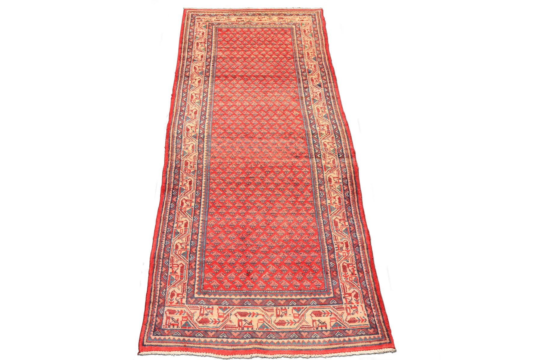 Runner Coral, Ivory, Aqua Color Hand Knotted Kurdish Bidjar Herati Wool Traditional Oriental Rug