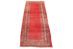 Runner Coral, Ivory, Aqua Color Hand Knotted Kurdish Bidjar Herati Wool Traditional Oriental Rug