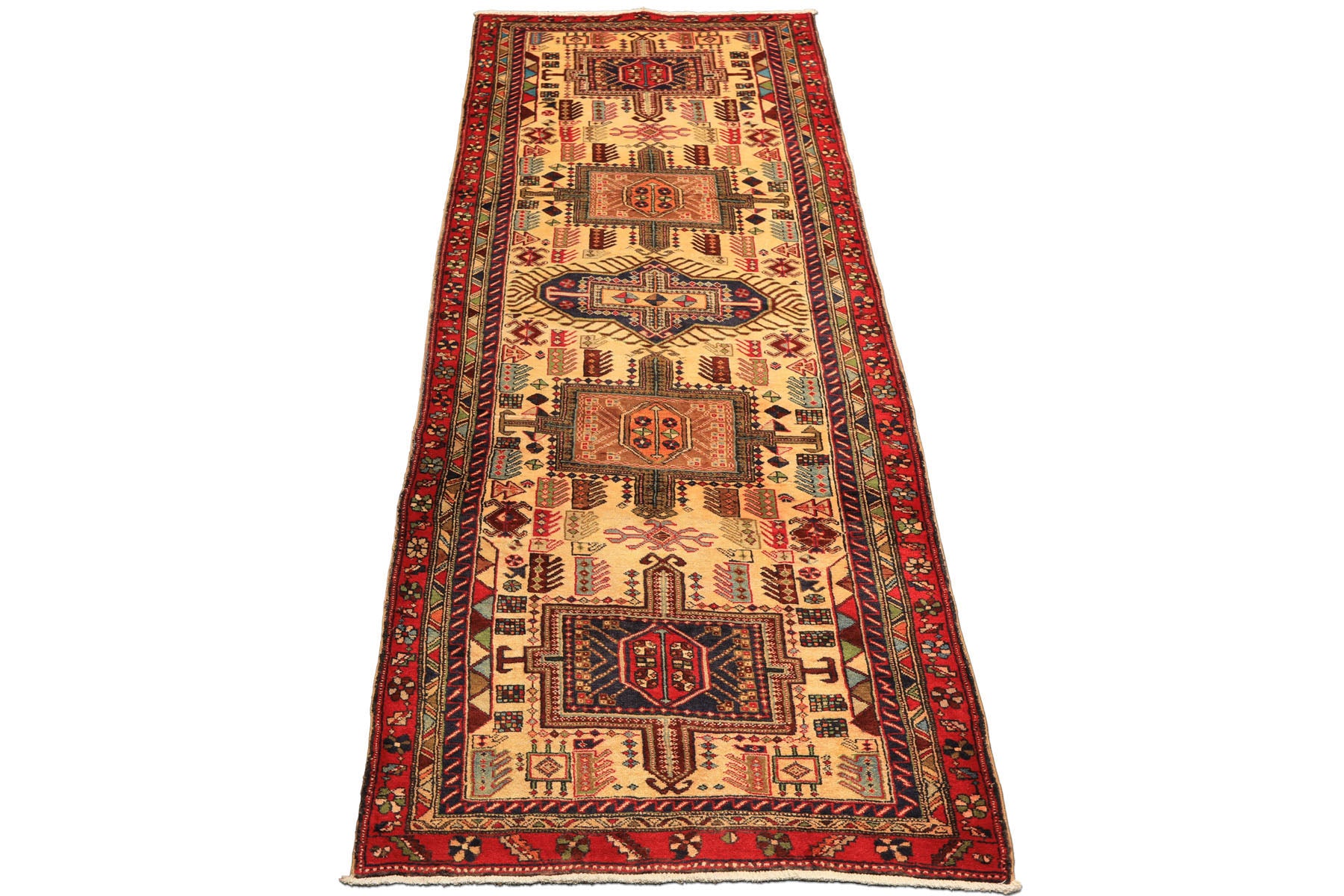 Runner Light Gold, Coral, Navy Color Hand Knotted Kurdish Hamadan Wool Traditional Oriental Rug