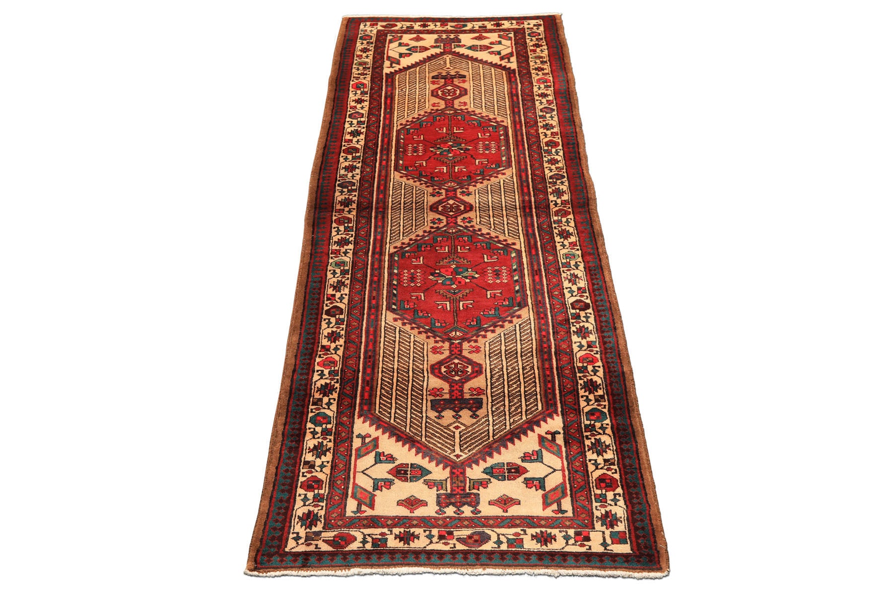 Runner Rusty Red, Tan, Ivory Color Hand Knotted Kurdish Hamadan Wool Traditional Oriental Rug