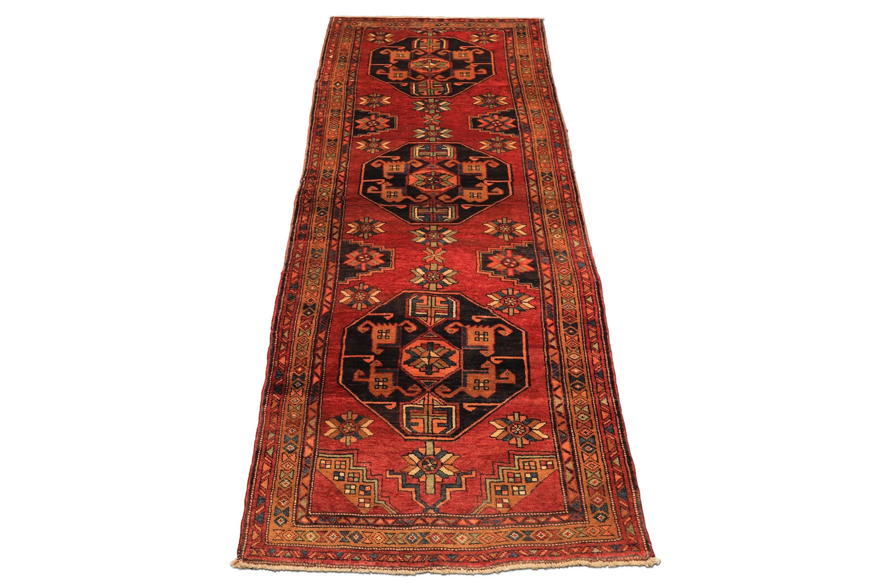 Runner Rust, Gold, Charcoal Color Hand Knotted Kurdish Hamadan Wool Traditional Oriental Rug