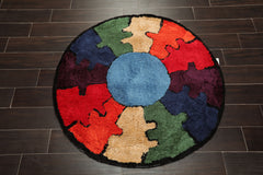 Round Blue, Red, Purple Color Hand Tufted Oriental Area Rug Polyster/Cotton Blend Contemporary Oriental Rug