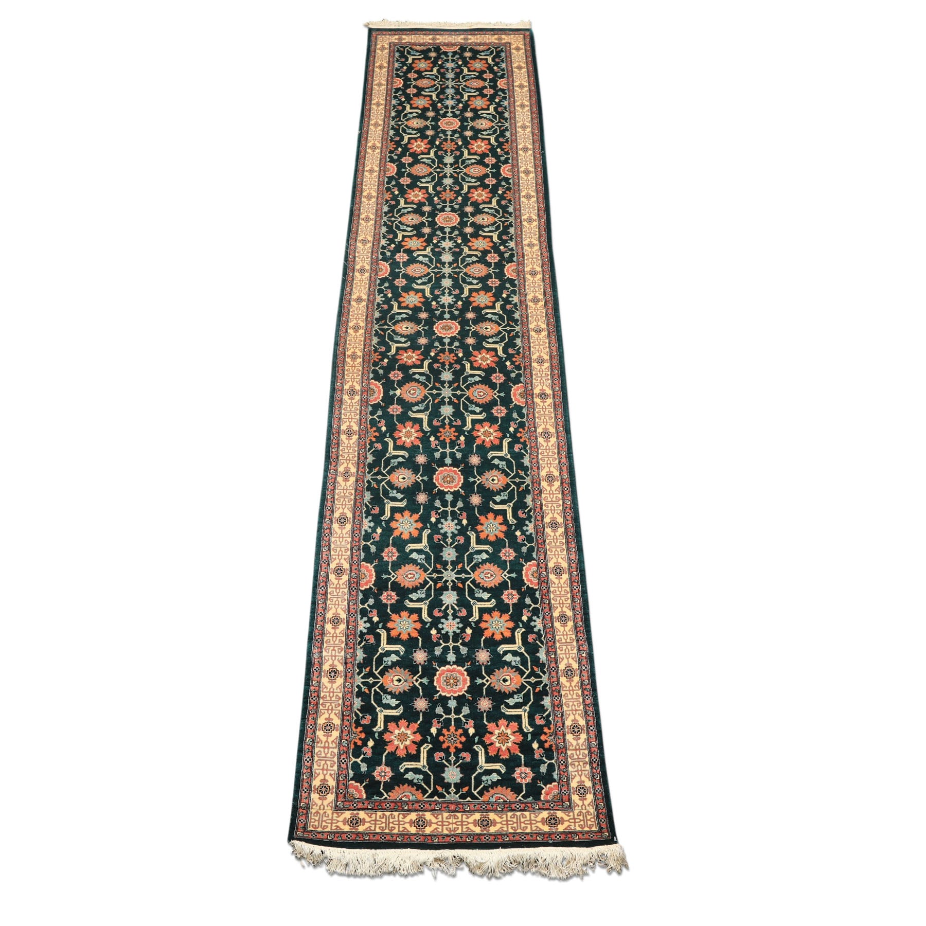 2'6x12 Teal, Ivory, Rose Color Hand Knotted Pak Persian Wool Traditional Oriental Rug