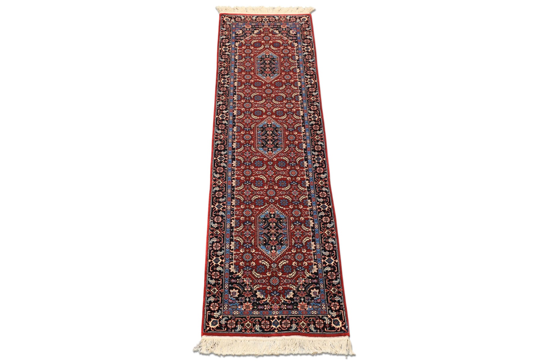 2'6x8 Red, Midnight Blue, Ivory Color Hand Knotted Indo Tabriz Wool Traditional Oriental Rug