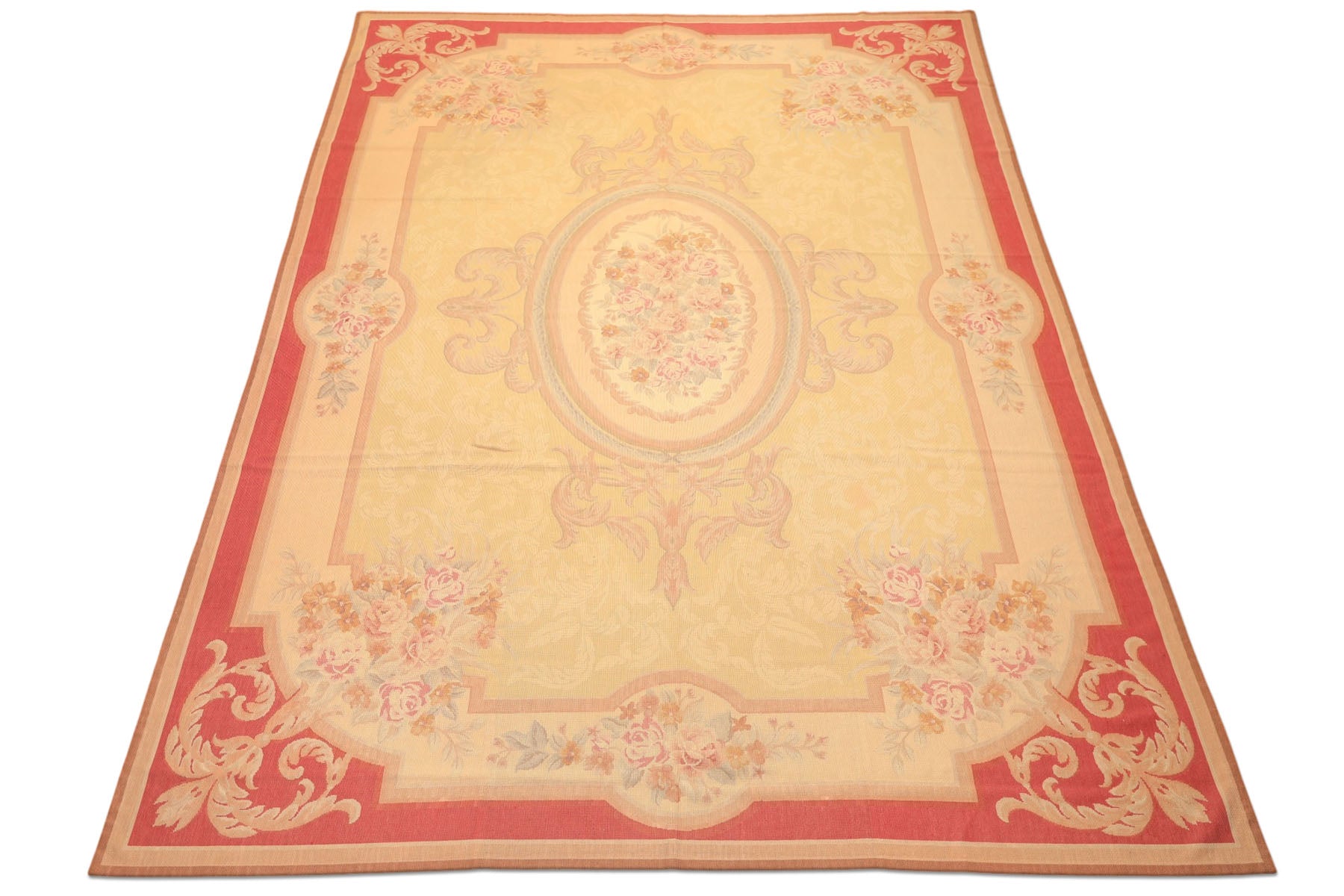 8x11 Pale Gold, Rose, Beige Color Hand Woven French Aubusson Needlepoint Wool Traditional Oriental Rug
