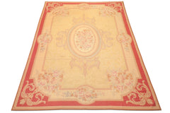 8x11 Pale Gold, Rose, Beige Color Hand Woven French Aubusson Needlepoint Wool Traditional Oriental Rug