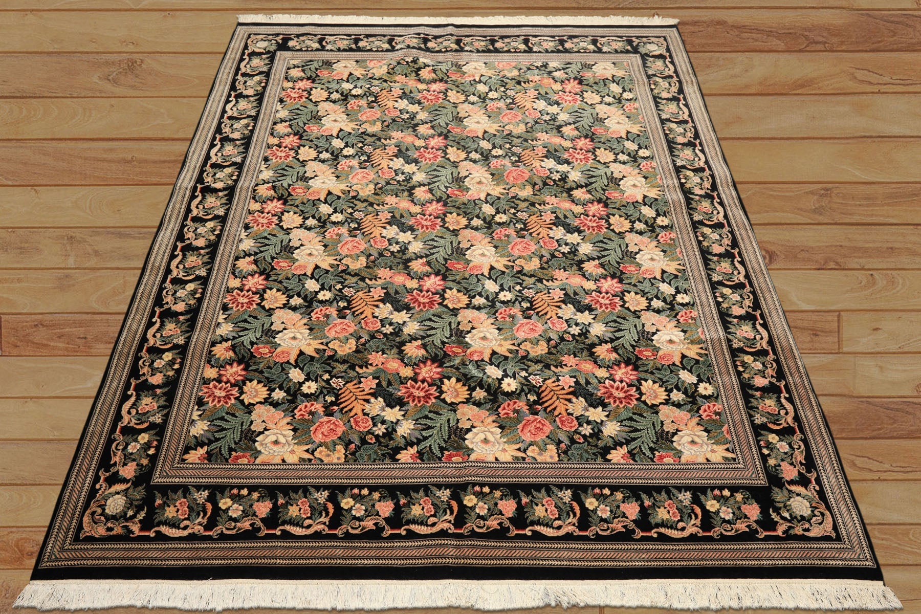 9x12 Black, Ivory, Rose Color Hand Knotted Pak Persian Wool & Silk Traditional Oriental Rug