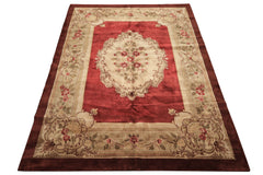 8x11 Burgundy, Sage, Brown Color Hand Knotted French Aubusson Savonerrie Wool Traditional Oriental Rug